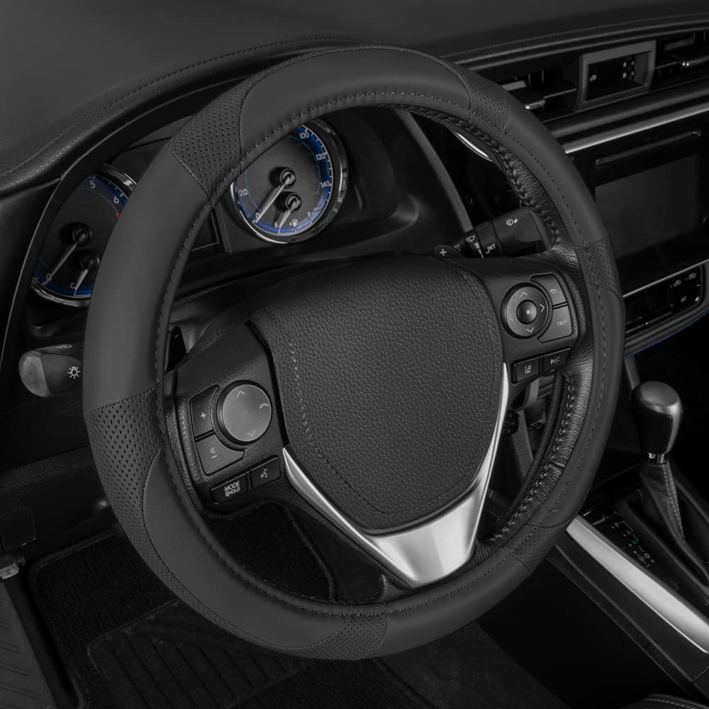 Motor Trend Perforated Microfiber Leather Steering Wheel Cover for Cars Trucks SUVs Vans, Sporty Racing Improved Grip Anti-Fatigue Ergonomic Design, Airbag Compatible - Fits Standard 15" Inch - Black