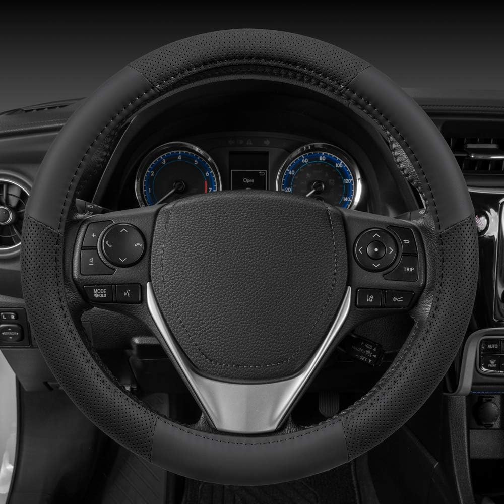 Motor Trend Perforated Microfiber Leather Steering Wheel Cover for Cars Trucks SUVs Vans, Sporty Racing Improved Grip Anti-Fatigue Ergonomic Design, Airbag Compatible - Fits Standard 15" Inch - Black
