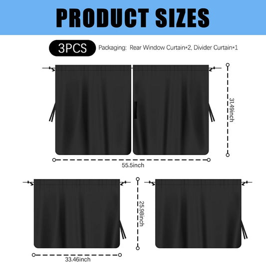 3PCS Car Privacy Curtains Kit,Rear Window Car Curtains & Divider Curtain for Blocking Sunlight & Protecting Privacy,Black Coated Cars Window Shades for Cars SUVs