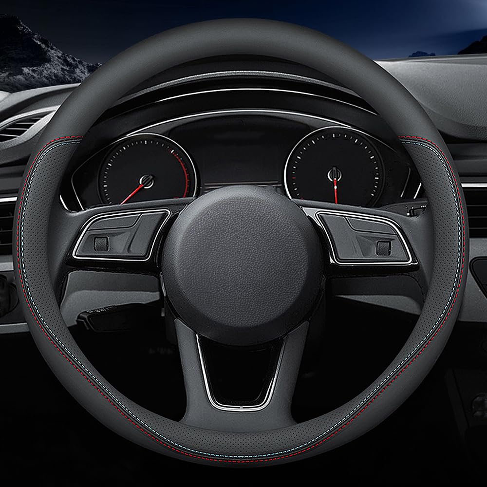 Carodi Leather car Steering Wheel Cover, Ultra-Thin, Comfortable, Non-Slip, Breathable, Universal 15 inches (Black)