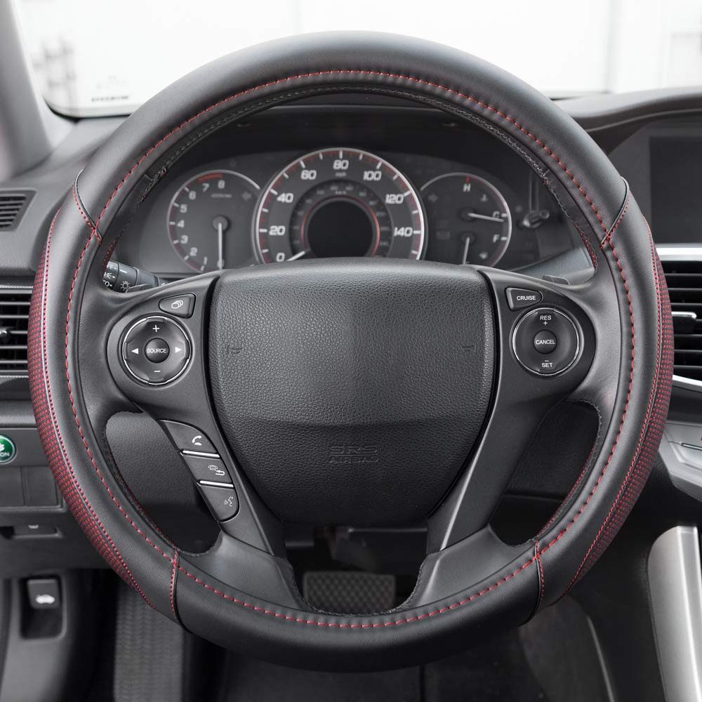 Motor Trend Perforated Microfiber Leather Steering Wheel Cover for Cars Trucks SUVs Vans, Sporty Racing Improved Grip Anti-Fatigue Ergonomic Design, Airbag Compatible - Fits Standard 15" Inch - Black