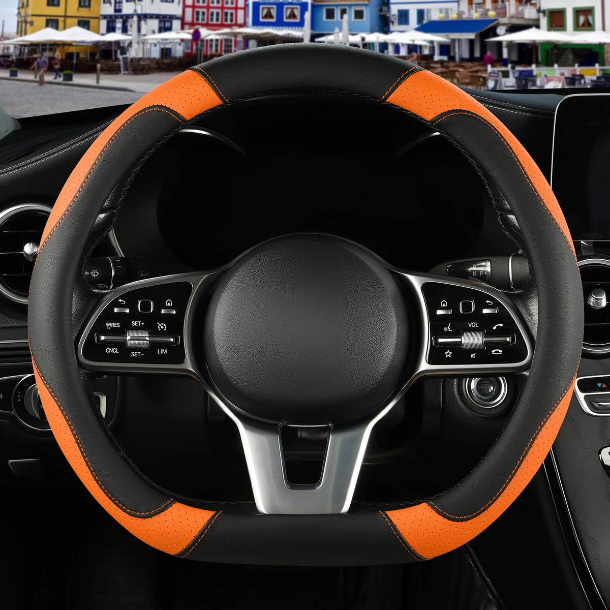 Black Red Microfiber Leather Steering Wheel Cover 14 inch