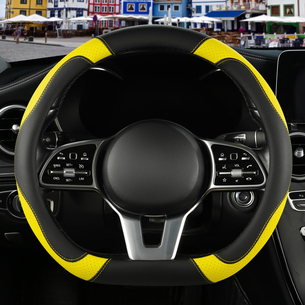 Black Red Microfiber Leather Steering Wheel Cover 14 inch