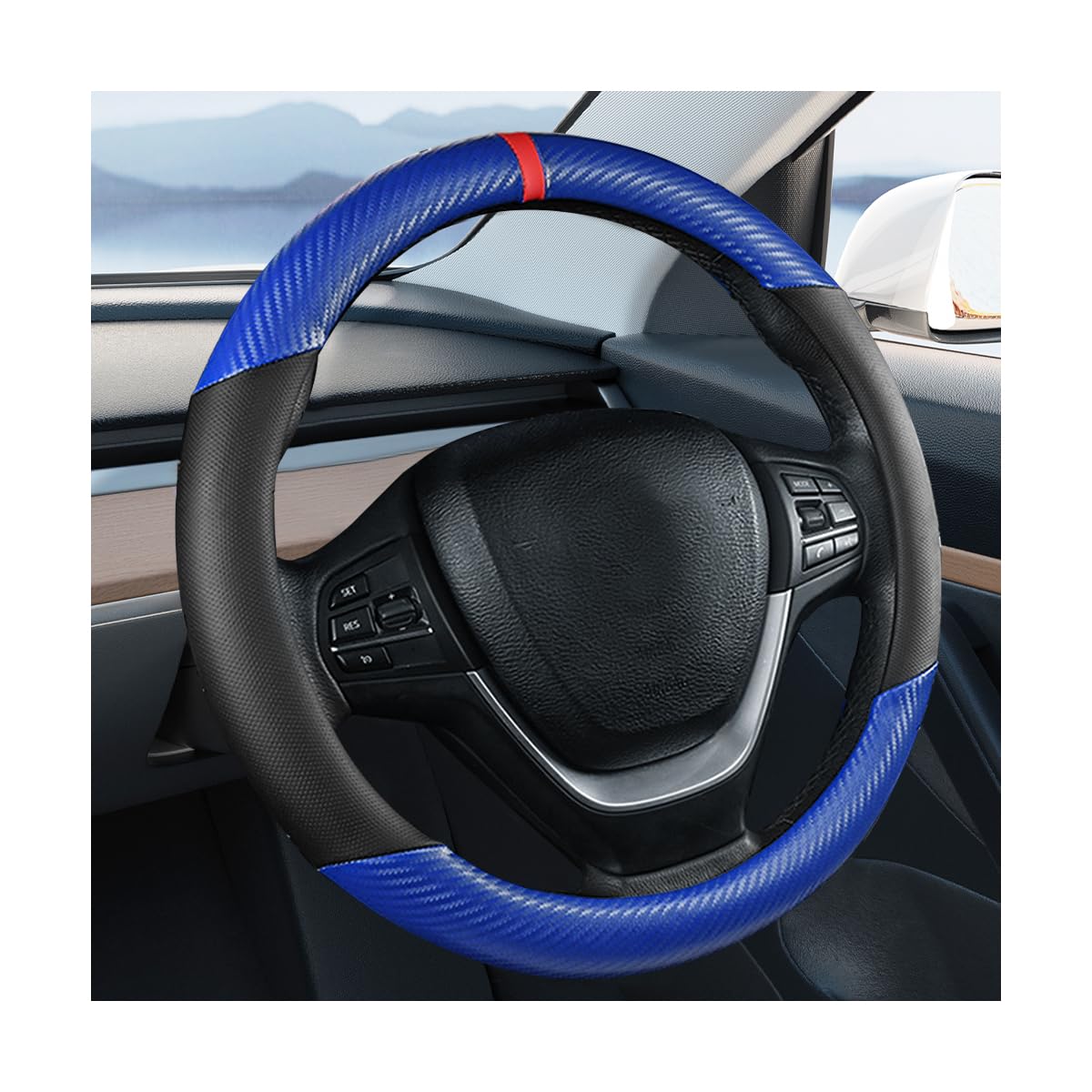 Carbon Fiber Car Steering Wheel Cover, Leather Breathable Automotive Wheel Protector, 15 Inch Anti-Slip Vehicle Interior Steering Accessories, Universal for SUV Truck Sedan (Black)