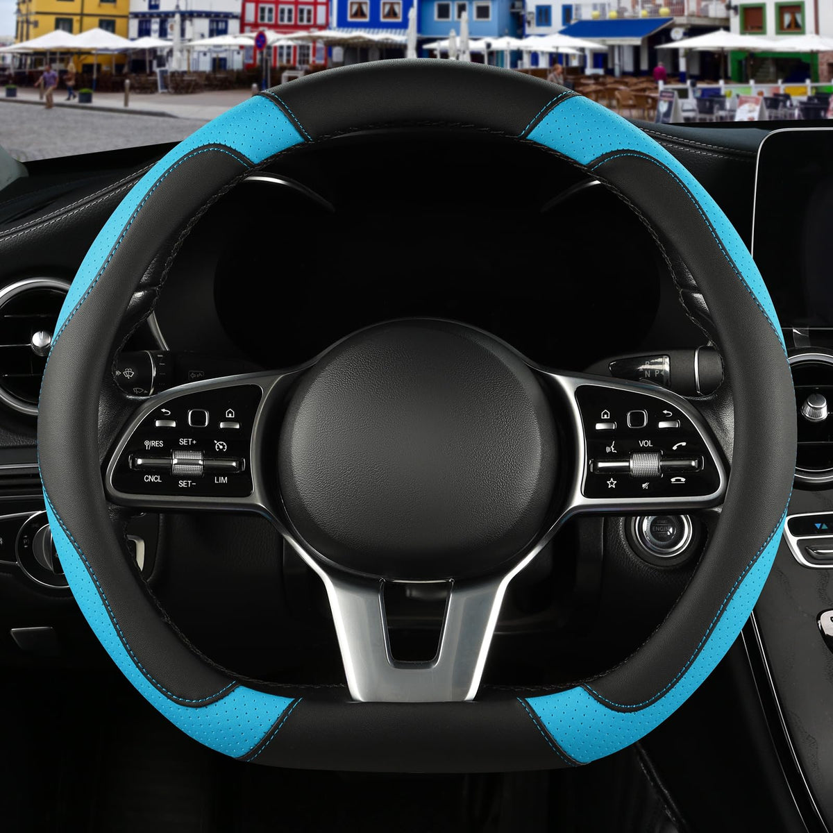 Black Red Microfiber Leather Steering Wheel Cover 14 inch
