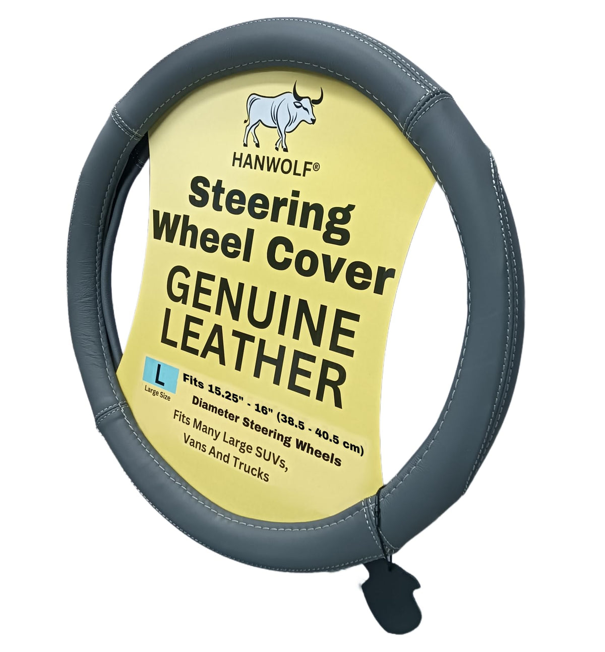 Steering Wheel Cover, Black, Real Genuine Leather, 15 inch, for Men and Women, Universal, Stretch On, Heat Resistant, Stays Cool, Non-Slip, HANWOLF