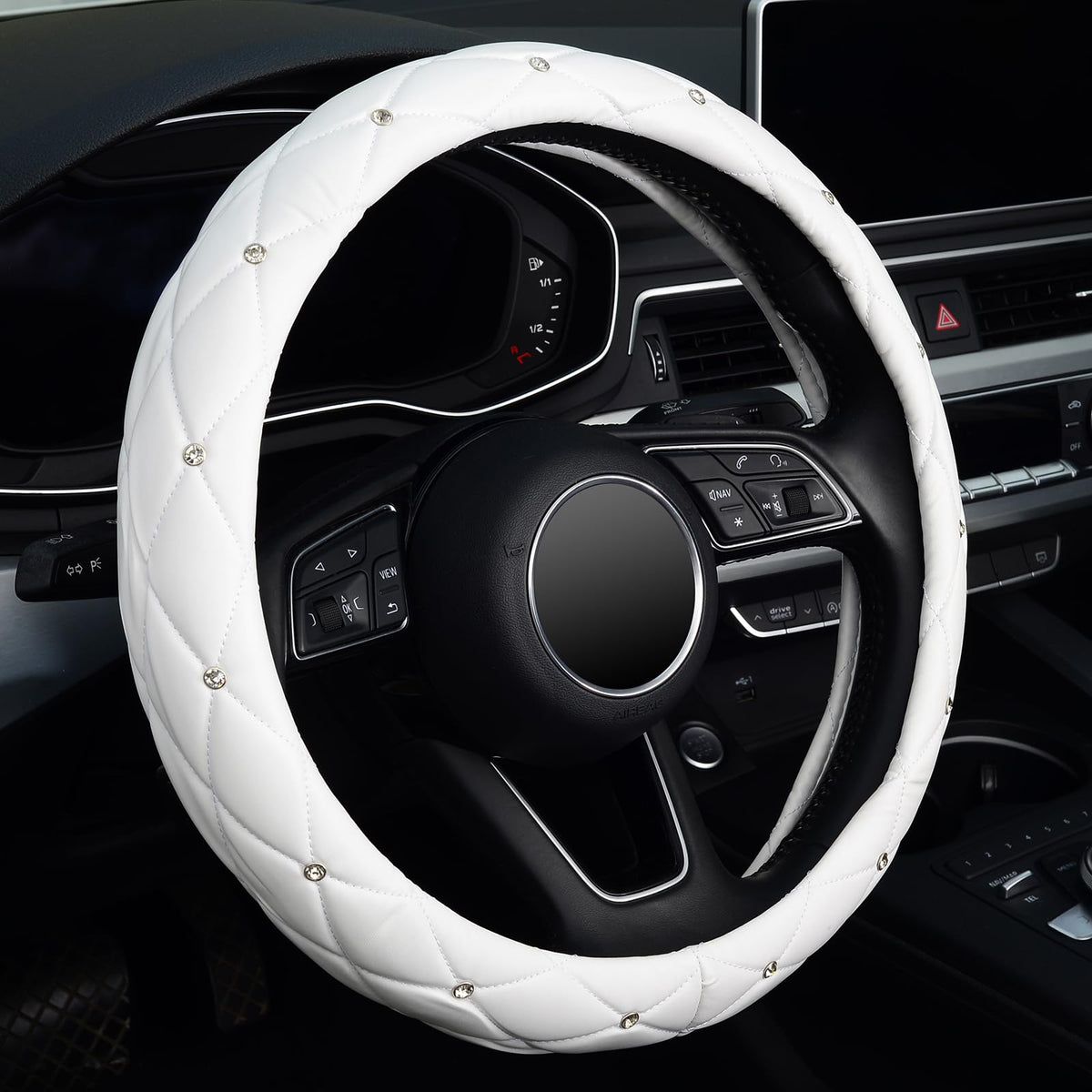 KAFEEK Diamond Leather Steering Wheel Cover, 15 Inch, Black