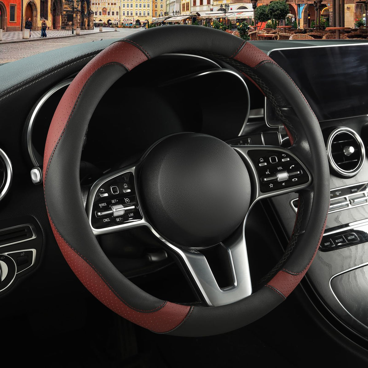 Black Red Microfiber Leather Steering Wheel Cover 14 inch