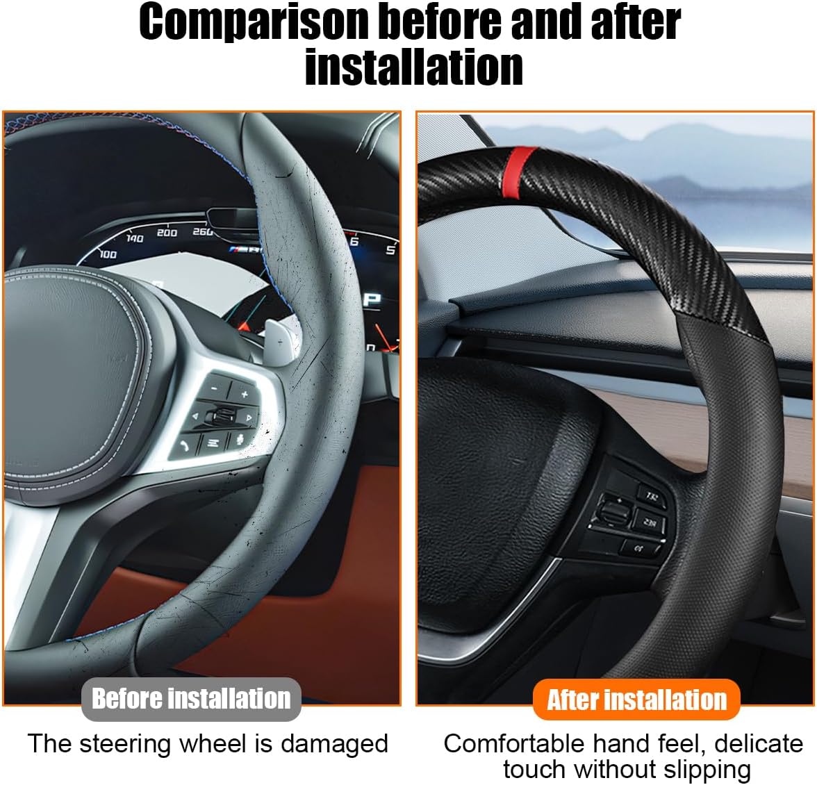 Carbon Fiber Car Steering Wheel Cover, Leather Breathable Automotive Wheel Protector, 15 Inch Anti-Slip Vehicle Interior Steering Accessories, Universal for SUV Truck Sedan (Black)