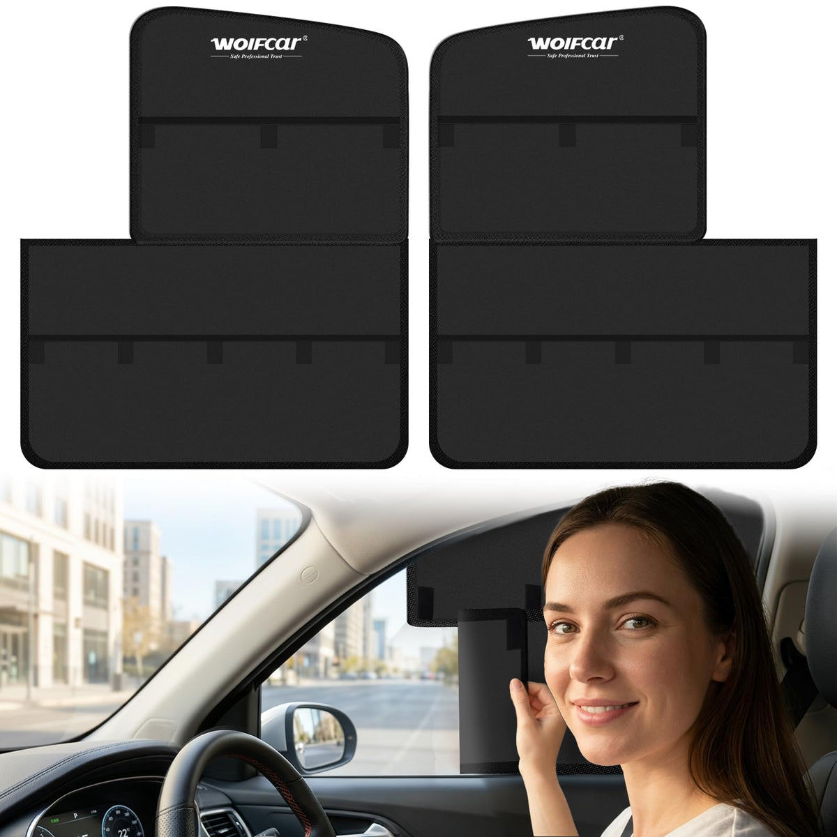 Wolfcar Car Window Shades for Front Side Windows, 2-in-1 Magnetic Detachable Car Window Covers with Hook-and-Loop, Keeps Side Mirrors Clear, Blocks UV & Glare, Car Curtains for SUV/Truck, 2 Pcs