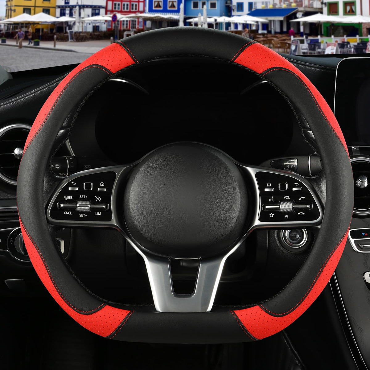 Black Red Microfiber Leather Steering Wheel Cover 14 inch