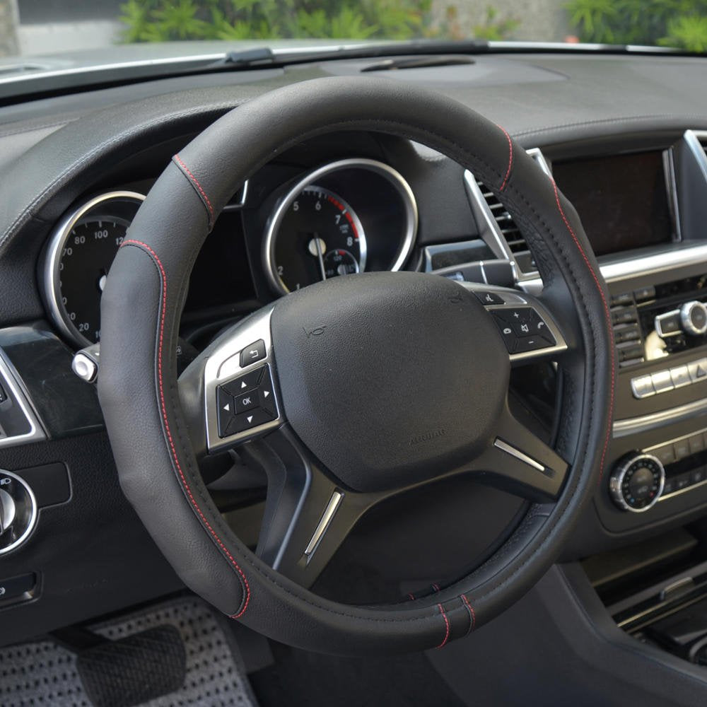 Motor Trend Perforated Microfiber Leather Steering Wheel Cover for Cars Trucks SUVs Vans, Sporty Racing Improved Grip Anti-Fatigue Ergonomic Design, Airbag Compatible - Fits Standard 15" Inch - Black