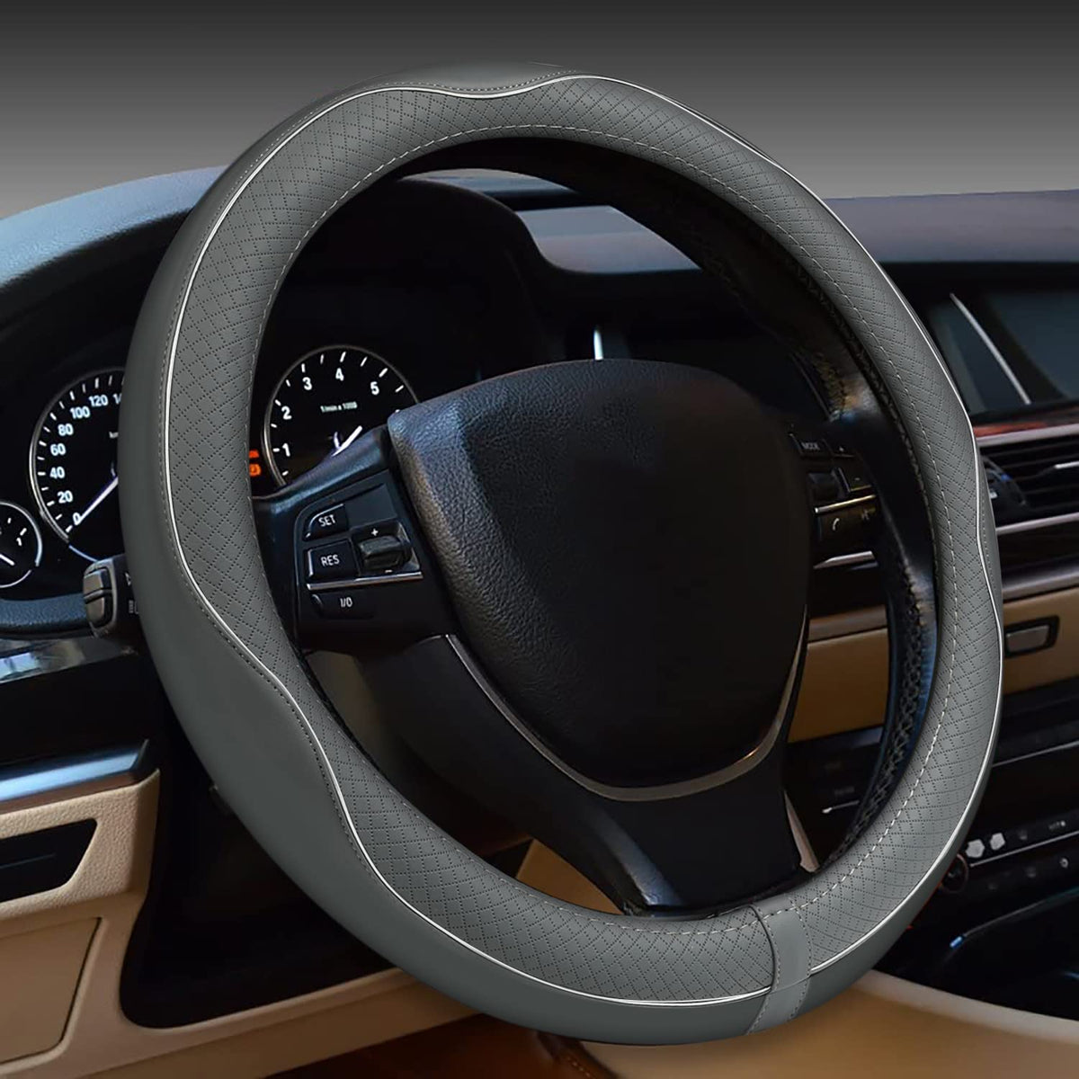 Gomass Car Steering Wheel Cover, Anti-Slip, Safety, Soft, Breathable, Heavy Duty, Thick, Full Surround, Sports Style (Black with Purple line)