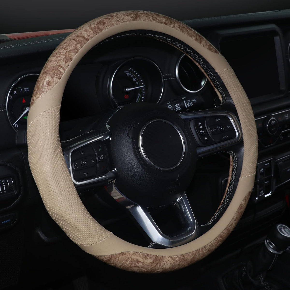 KAFEEK Wood Grain Steering Wheel Cover, Microfiber Leather, 15 Inch