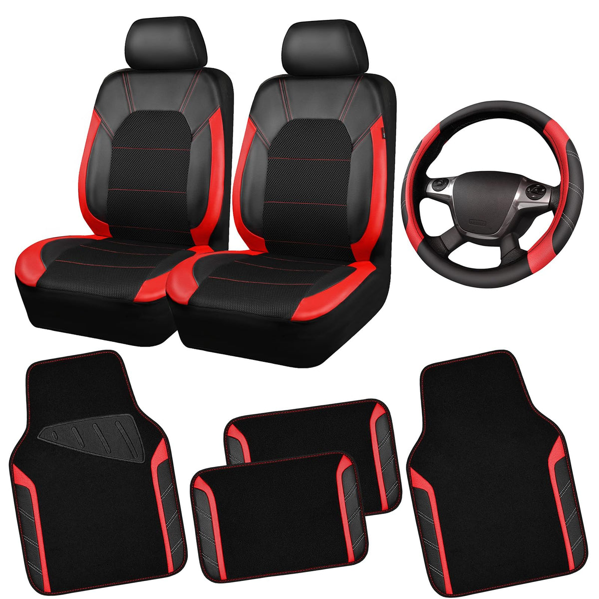 CAR PASS Microfiber Steering Wheel Cover and Waterproof Car Floor Mats,Leather Universal Car Combo Fit for 95% Truck,SUV,Cars,14.5-15inch Sporty Anti-Slip Safety Comfortable Design(Black and Pink)