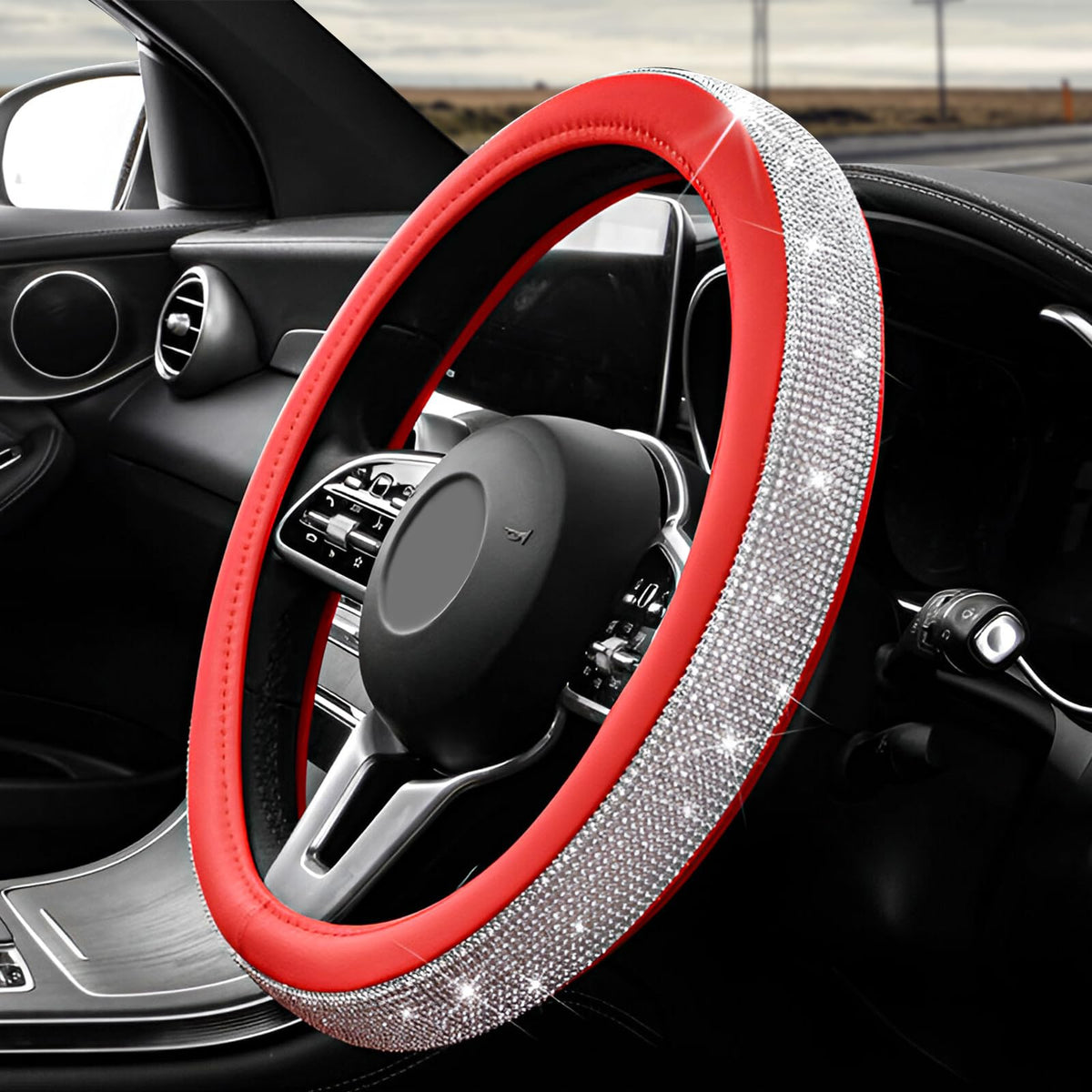 Diamond Leather Steering Wheel Cover, 15 Inch Bling Crystal Rhinestone Anti-Slip Wheel Protector, Universal Sparkling Elegant Diamond Steering Wheels Cover for Women Girl (White&Pink)