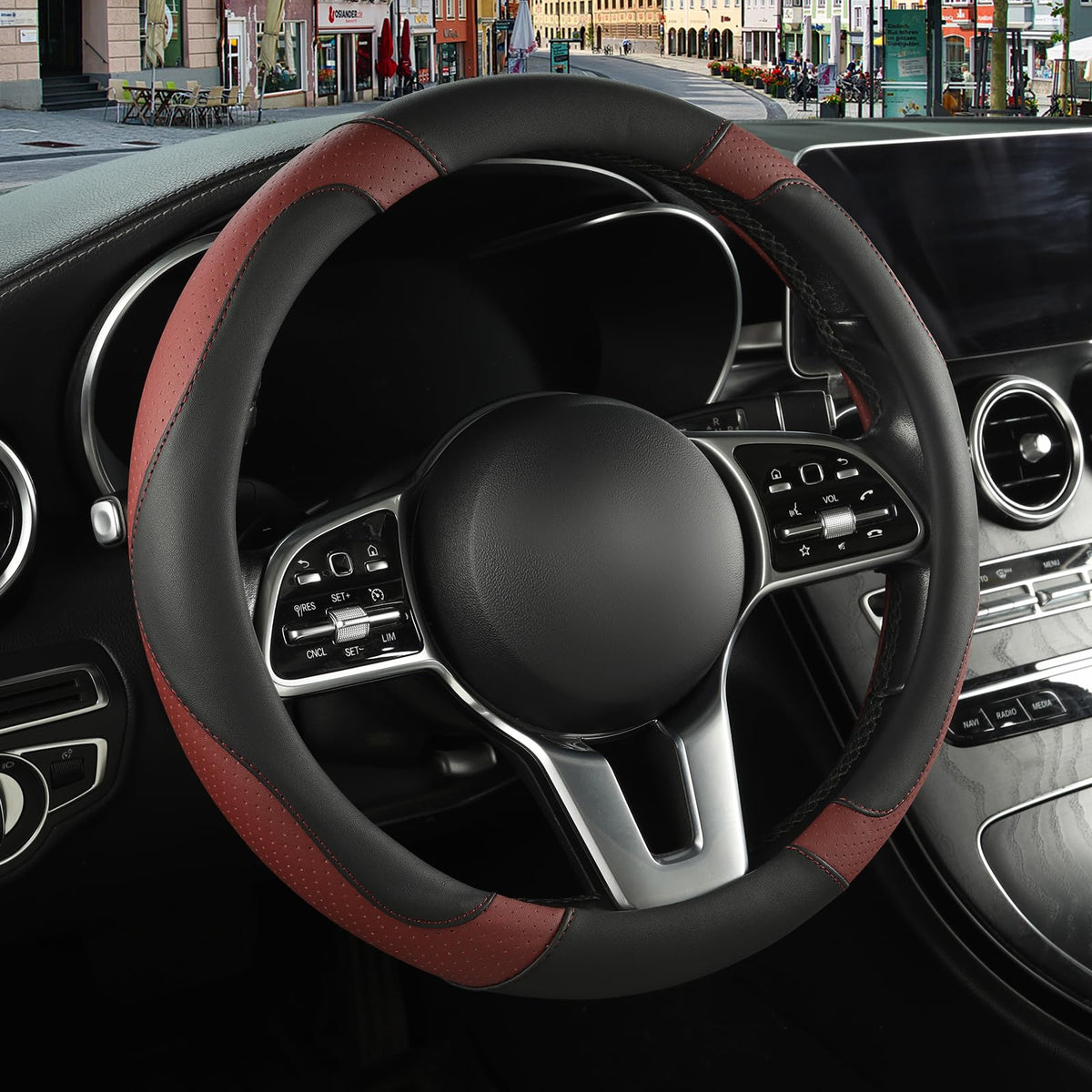 Black Red Microfiber Leather Steering Wheel Cover 14 inch