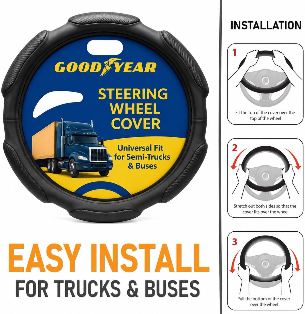 Goodyear 18" Semi Truck Steering Wheel Cover Non Slip Grip, Comfortable, Heavy-Duty Protection, Compatible with Freightliner, Bus, Trucks