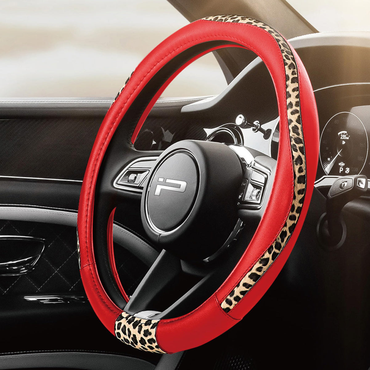 Road Comforts Steering Wheel Cover - Flat Bottom Wheel Cover Made with PVC Leather and Leopard Fabric - Universal Fit for 15-Inch D-Shaped Automotive Steering Wheels (Black Color)