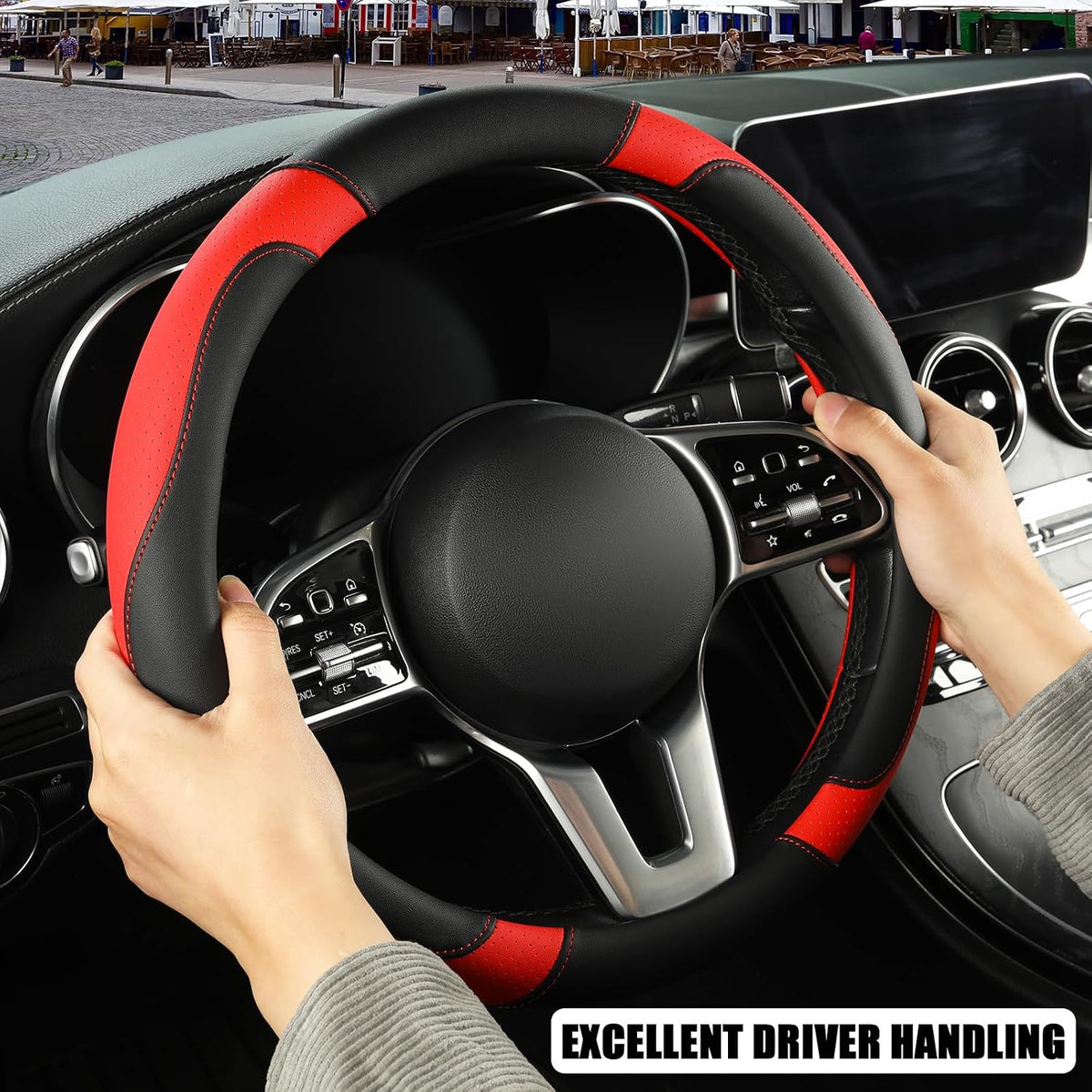 Black Red Microfiber Leather Steering Wheel Cover 14 inch