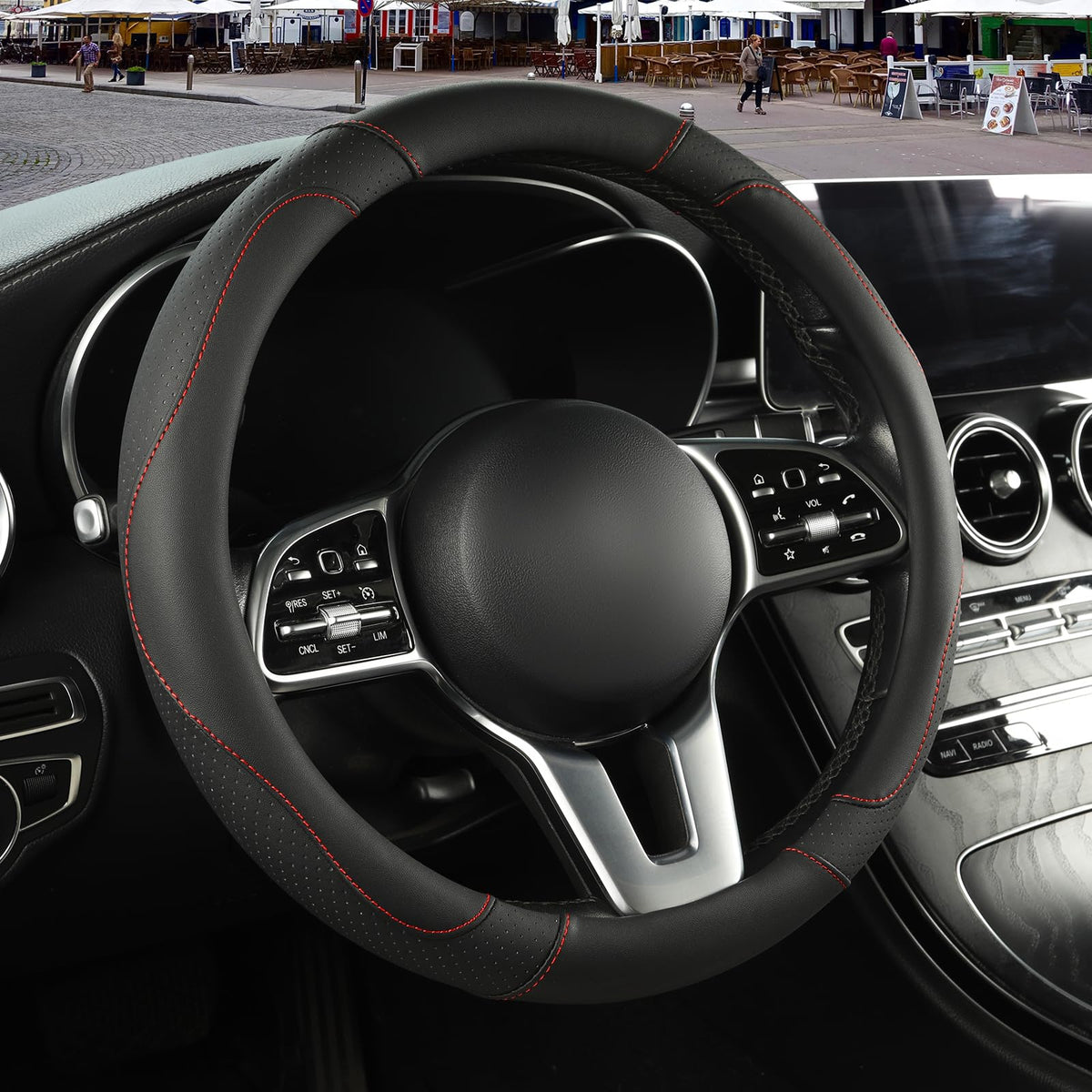 Black Red Microfiber Leather Steering Wheel Cover 14 inch