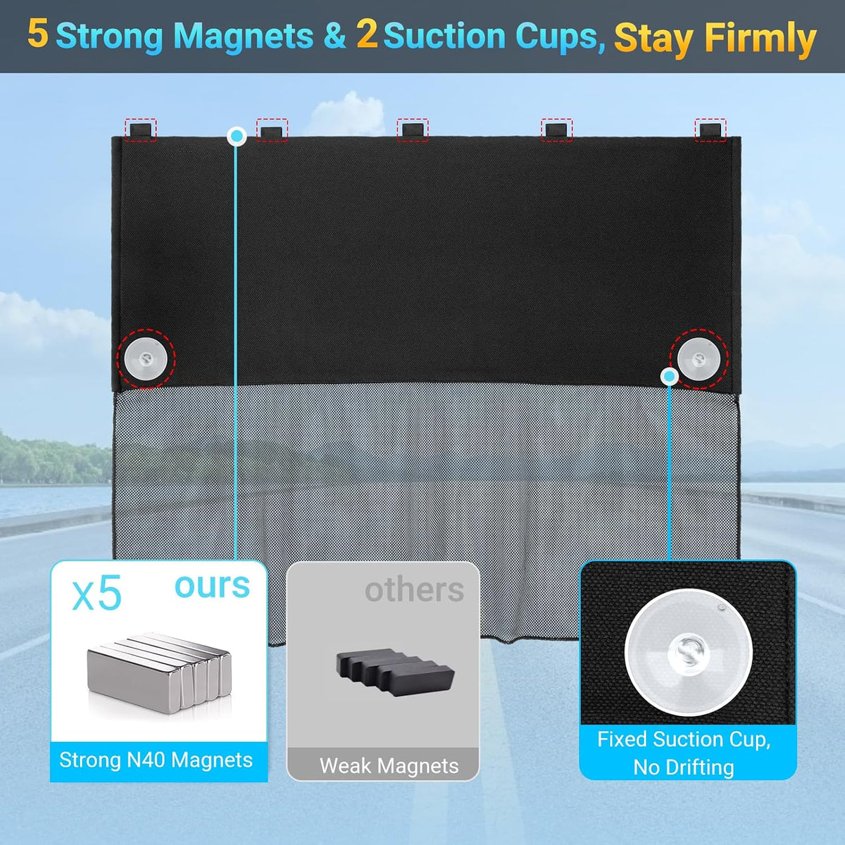 Car Window Shades, 2 Pcs Half Blackout & Half See-Through Magnetic Sun Shade for Rear Window Covers with Fixed Suction Cups,Car Curtains for Baby Sun/Heat/UV Protection