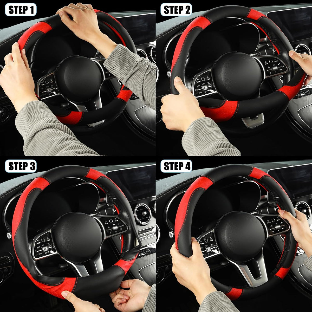Black Red Microfiber Leather Steering Wheel Cover 14 inch