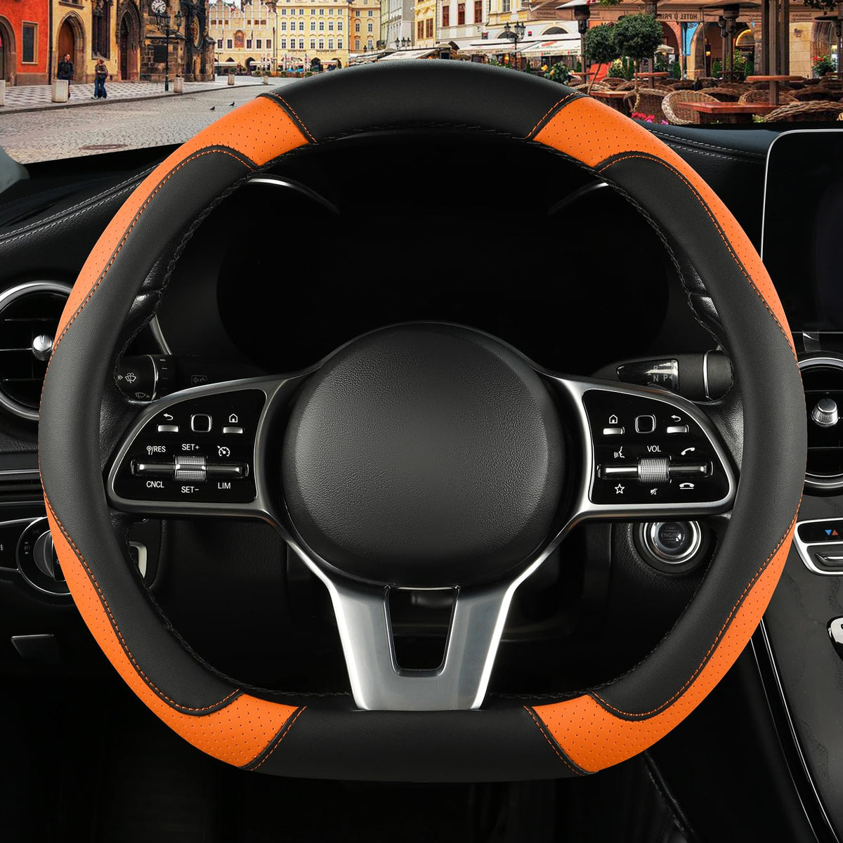 Black Red Microfiber Leather Steering Wheel Cover 14 inch