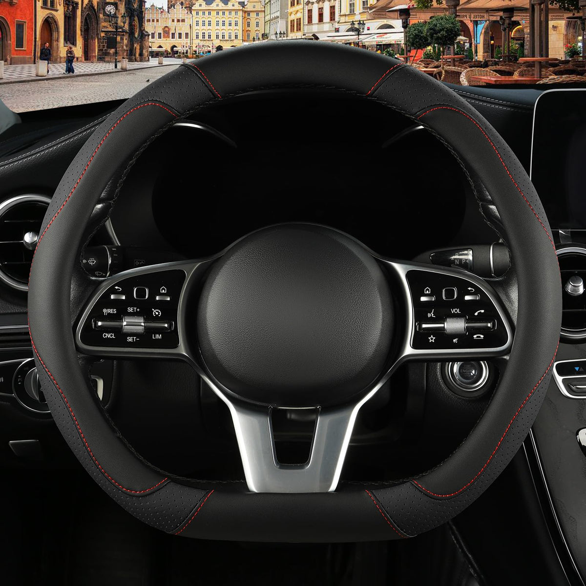 Black Red Microfiber Leather Steering Wheel Cover 14 inch