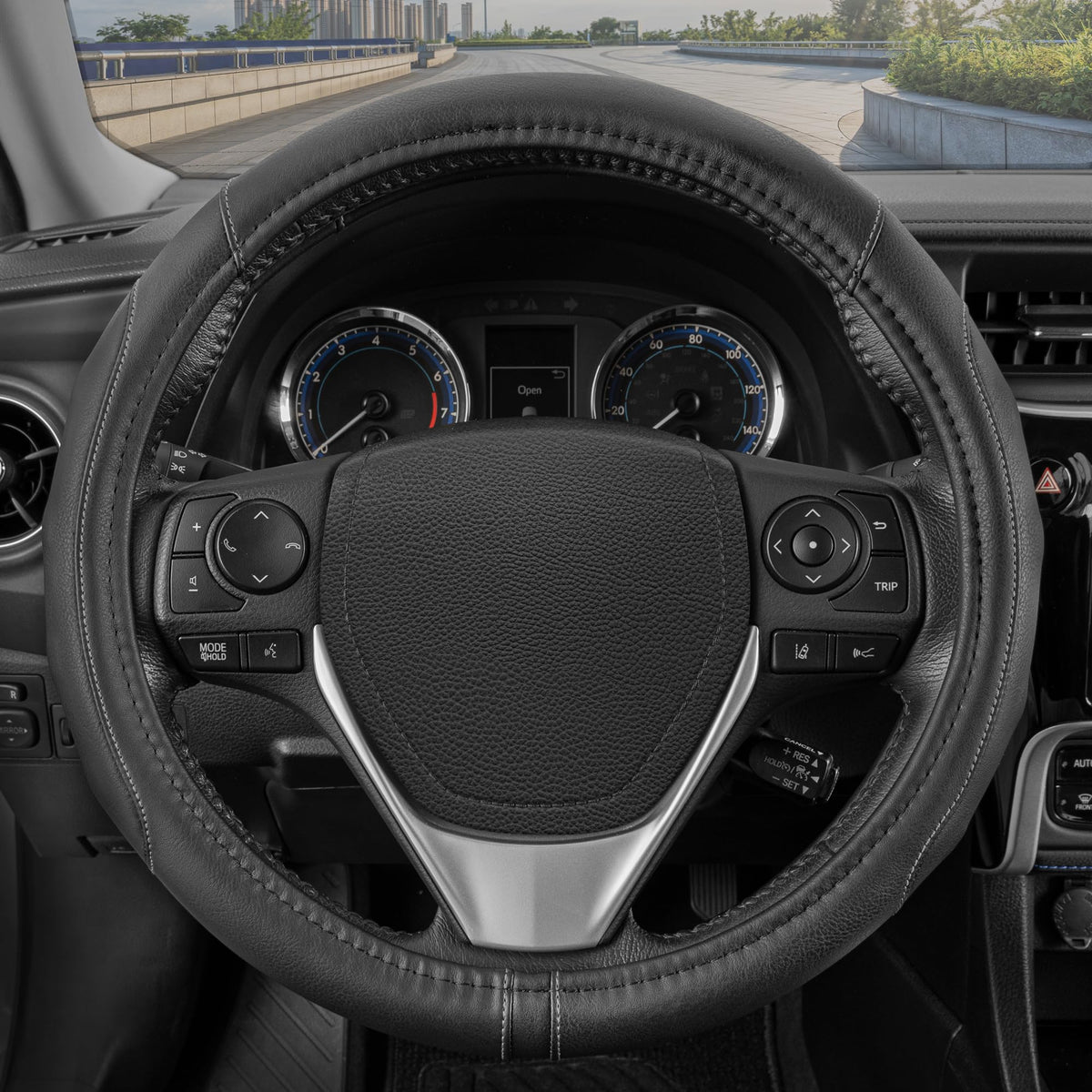 Motor Trend Perforated Microfiber Leather Steering Wheel Cover for Cars Trucks SUVs Vans, Sporty Racing Improved Grip Anti-Fatigue Ergonomic Design, Airbag Compatible - Fits Standard 15" Inch - Black