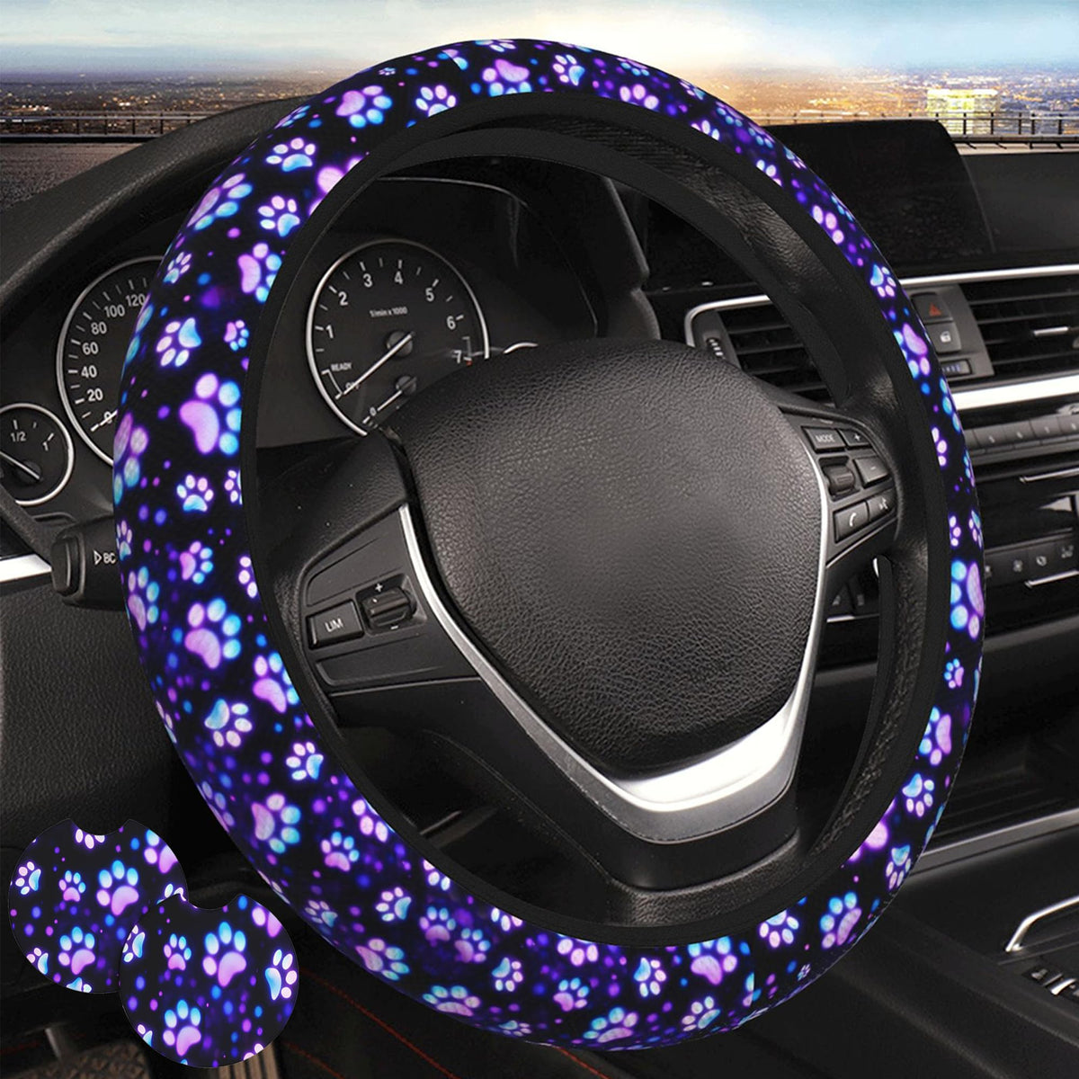 Black White American Flag Steering Wheel Cover - Retro USA Flag Steering Wheel Protector Neoprene 15Inch Car Accessories 2 Pcs Car Coasters for Women Men