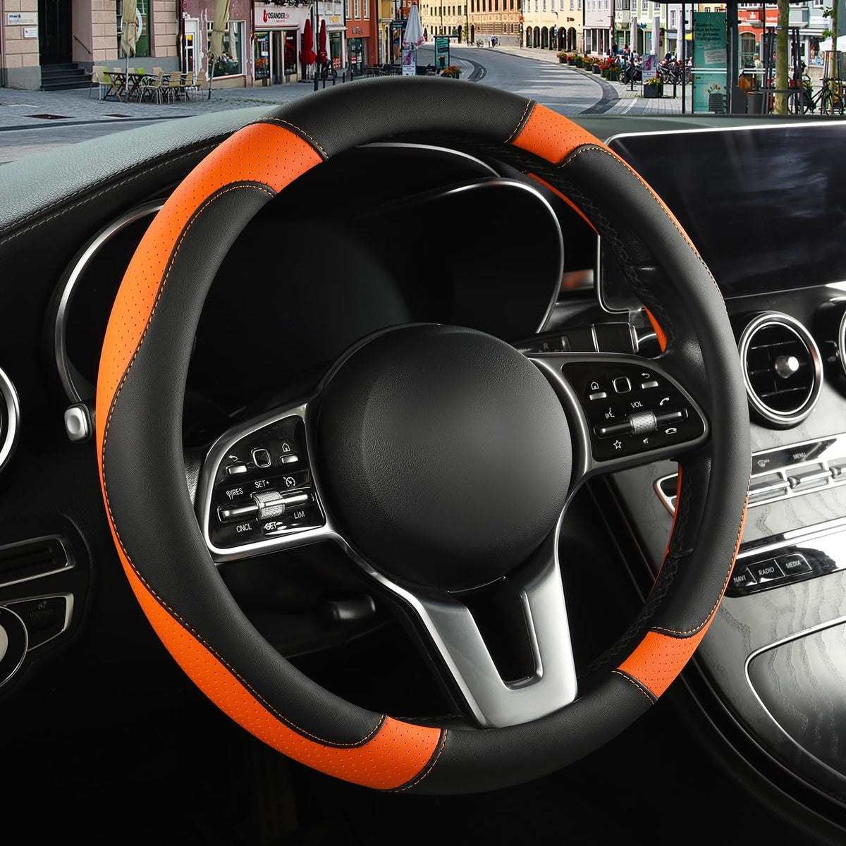 Black Red Microfiber Leather Steering Wheel Cover 14 inch