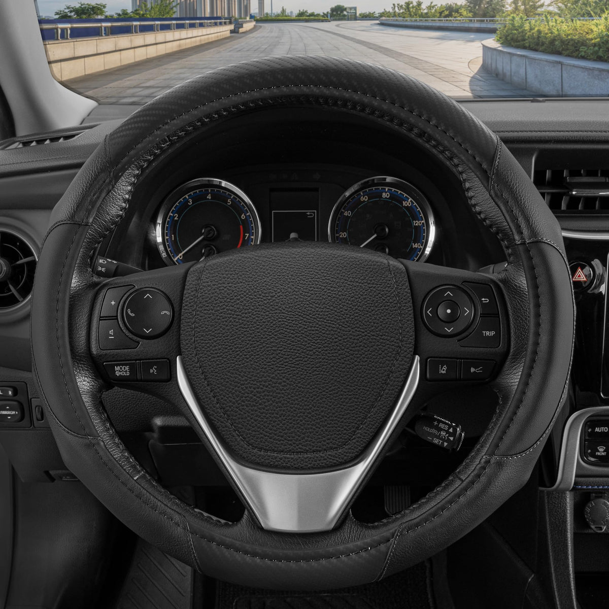Motor Trend Perforated Microfiber Leather Steering Wheel Cover for Cars Trucks SUVs Vans, Sporty Racing Improved Grip Anti-Fatigue Ergonomic Design, Airbag Compatible - Fits Standard 15" Inch - Black