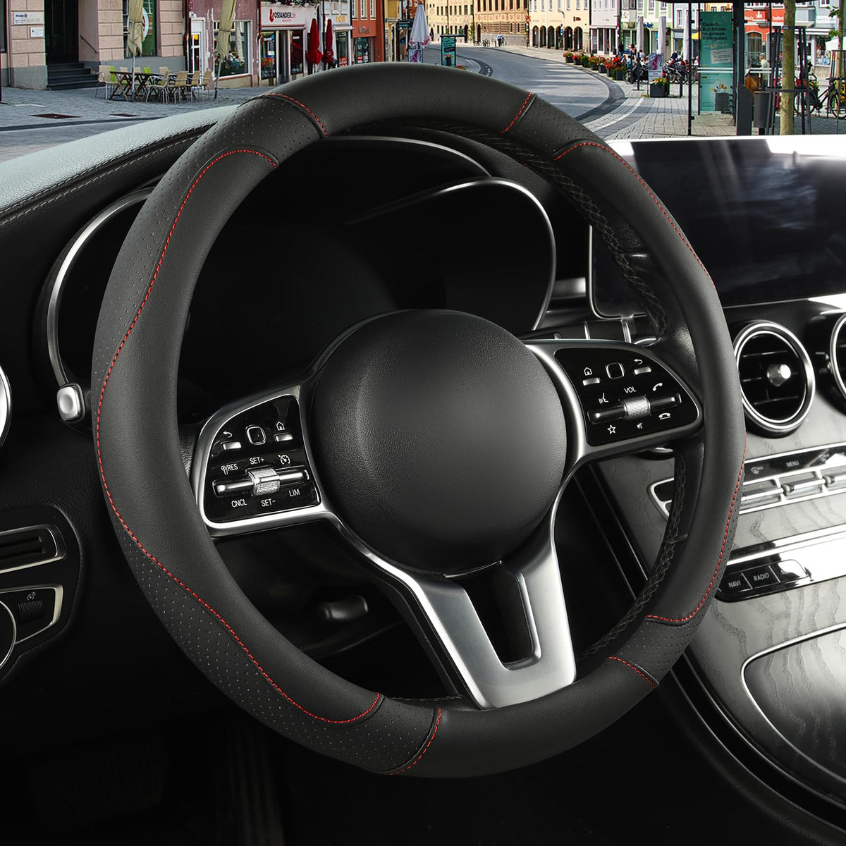 Black Red Microfiber Leather Steering Wheel Cover 14 inch