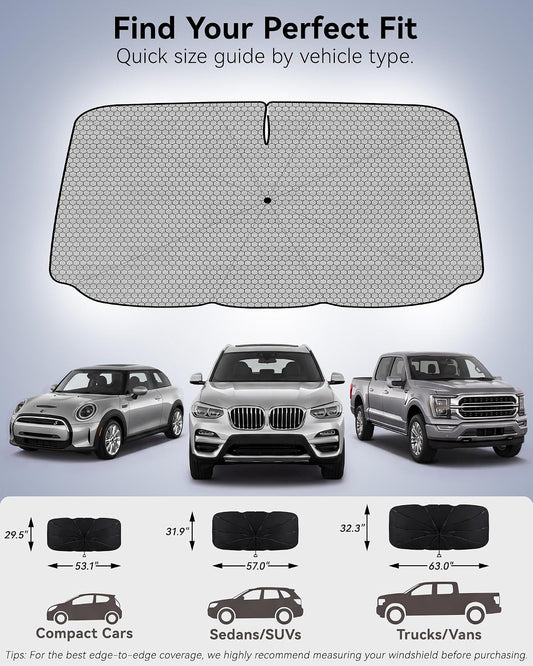 3W Windshield Sun Shade Umbrella, Medium 57.1" x 31.9", Graphene Coated