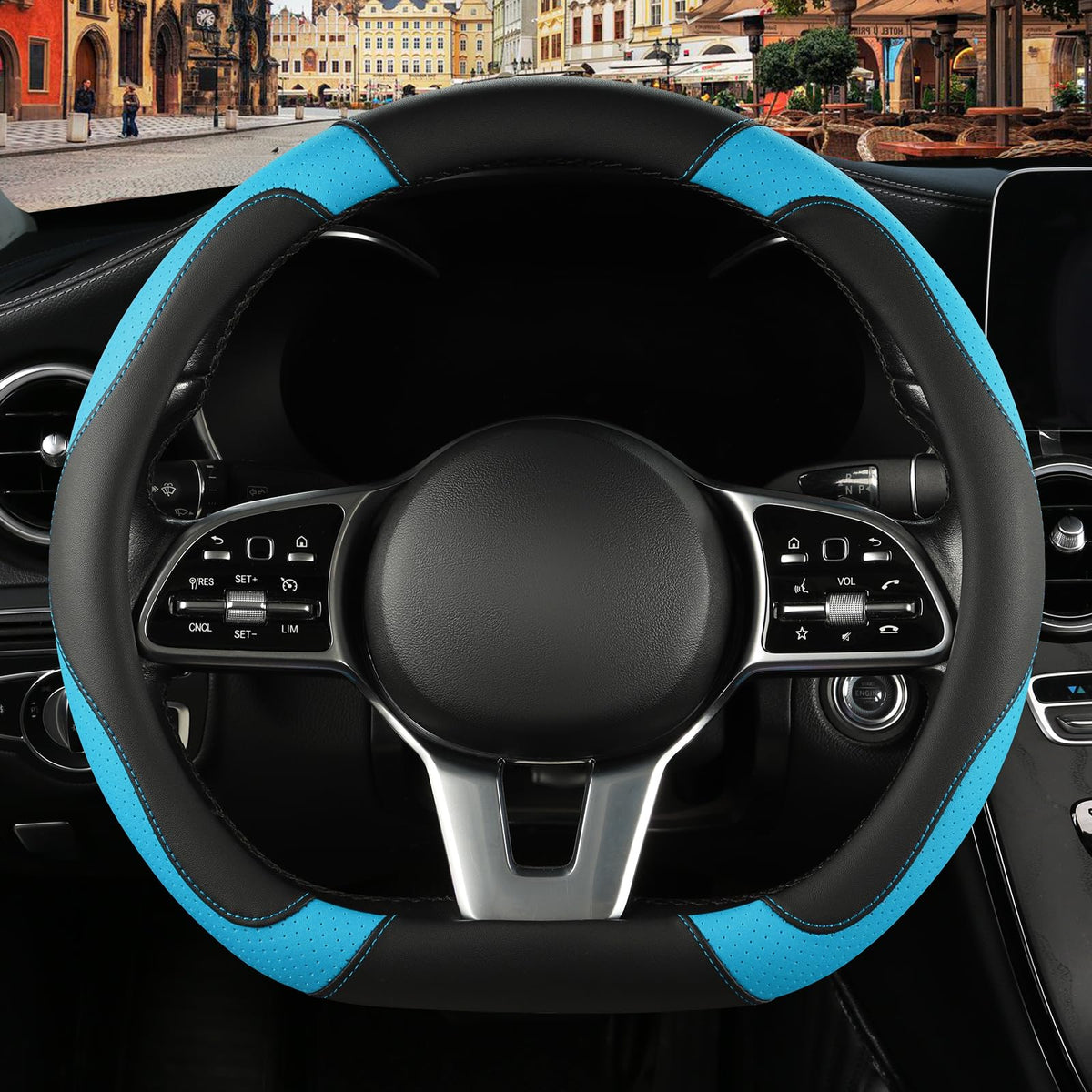 Black Red Microfiber Leather Steering Wheel Cover 14 inch