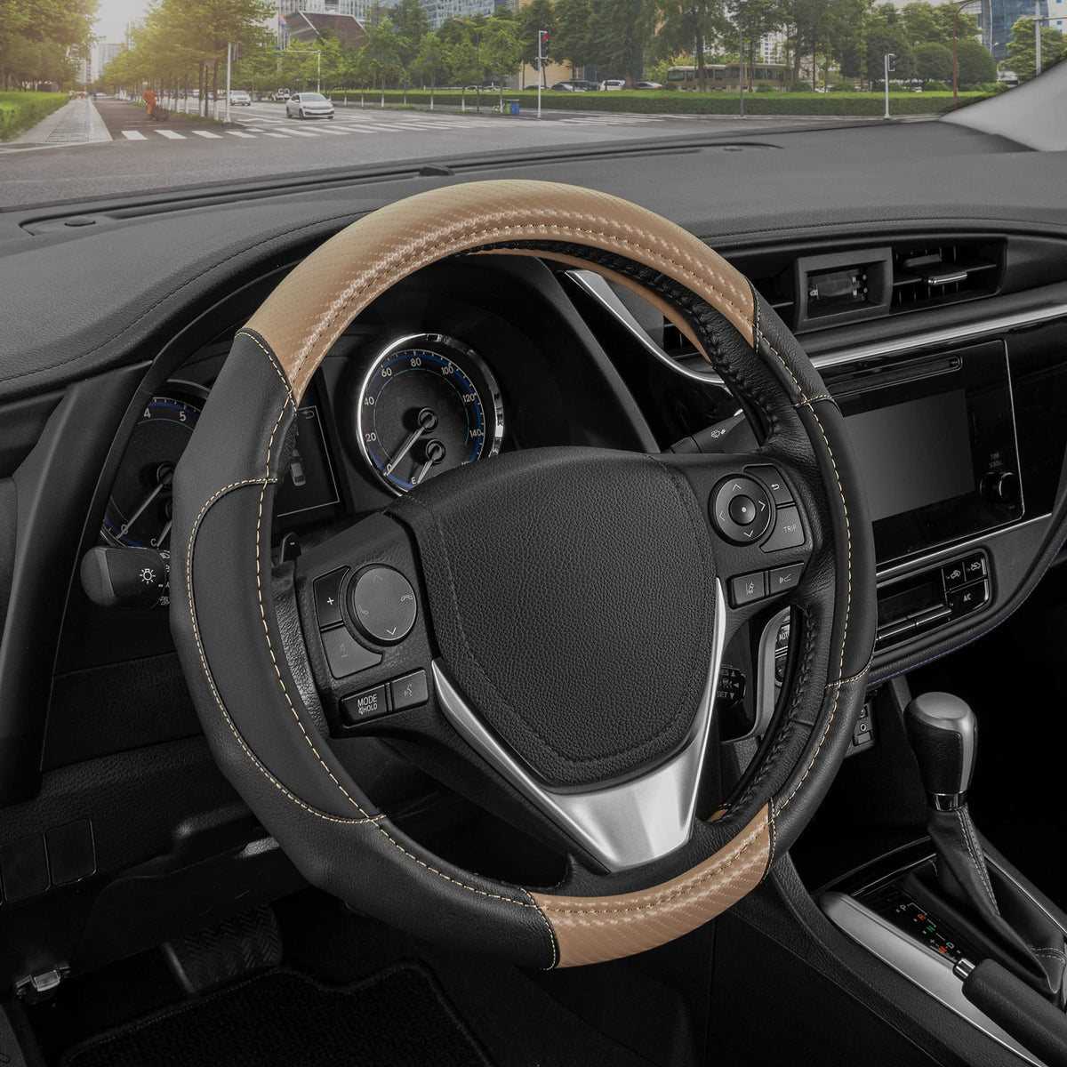 Motor Trend Perforated Microfiber Leather Steering Wheel Cover for Cars Trucks SUVs Vans, Sporty Racing Improved Grip Anti-Fatigue Ergonomic Design, Airbag Compatible - Fits Standard 15" Inch - Black
