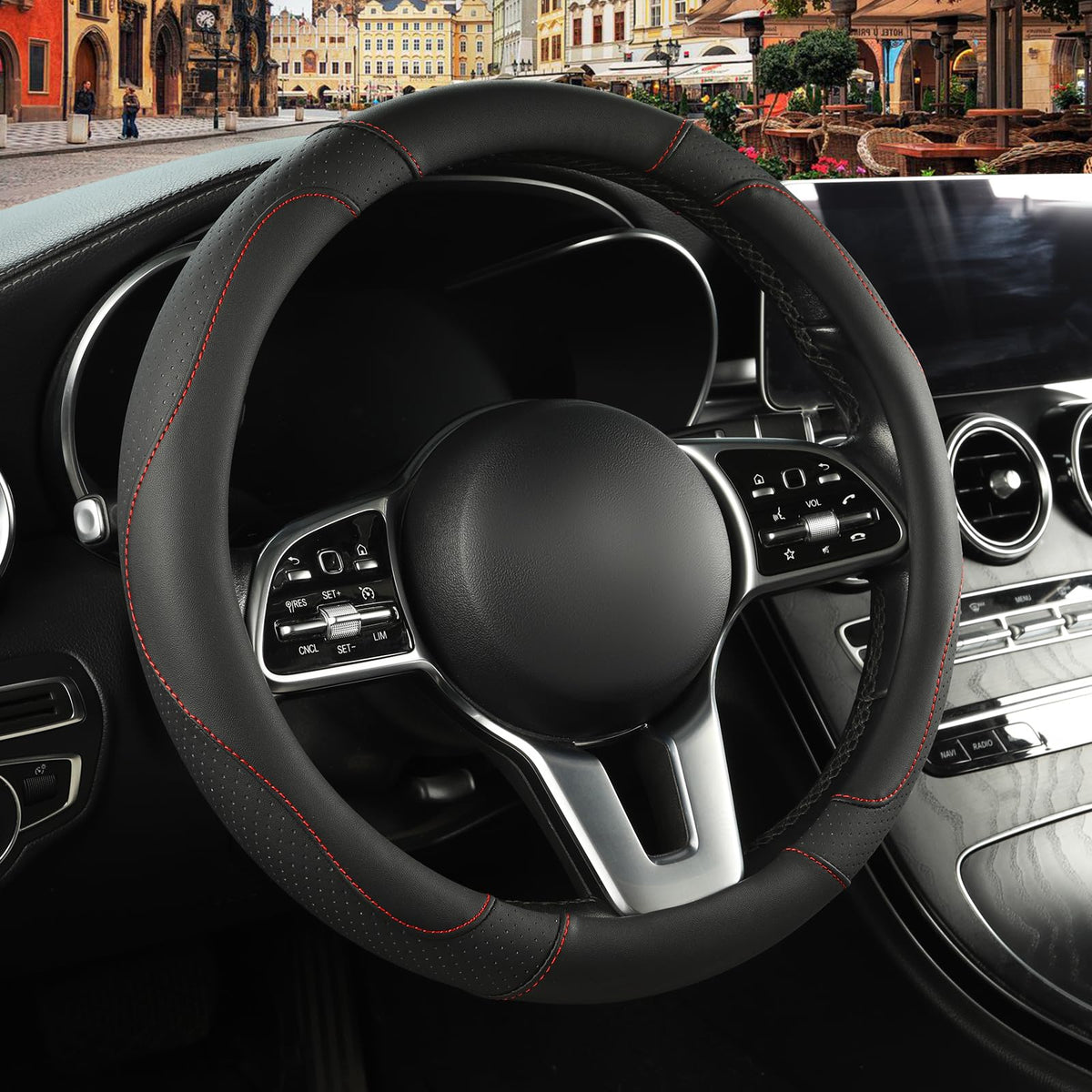 Black Red Microfiber Leather Steering Wheel Cover 14 inch