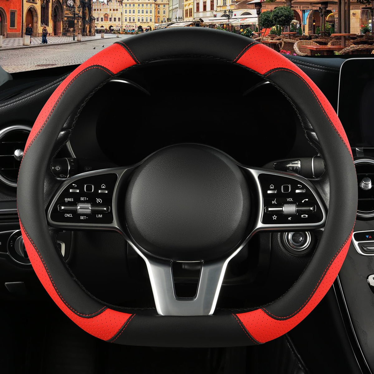 Black Red Microfiber Leather Steering Wheel Cover 14 inch