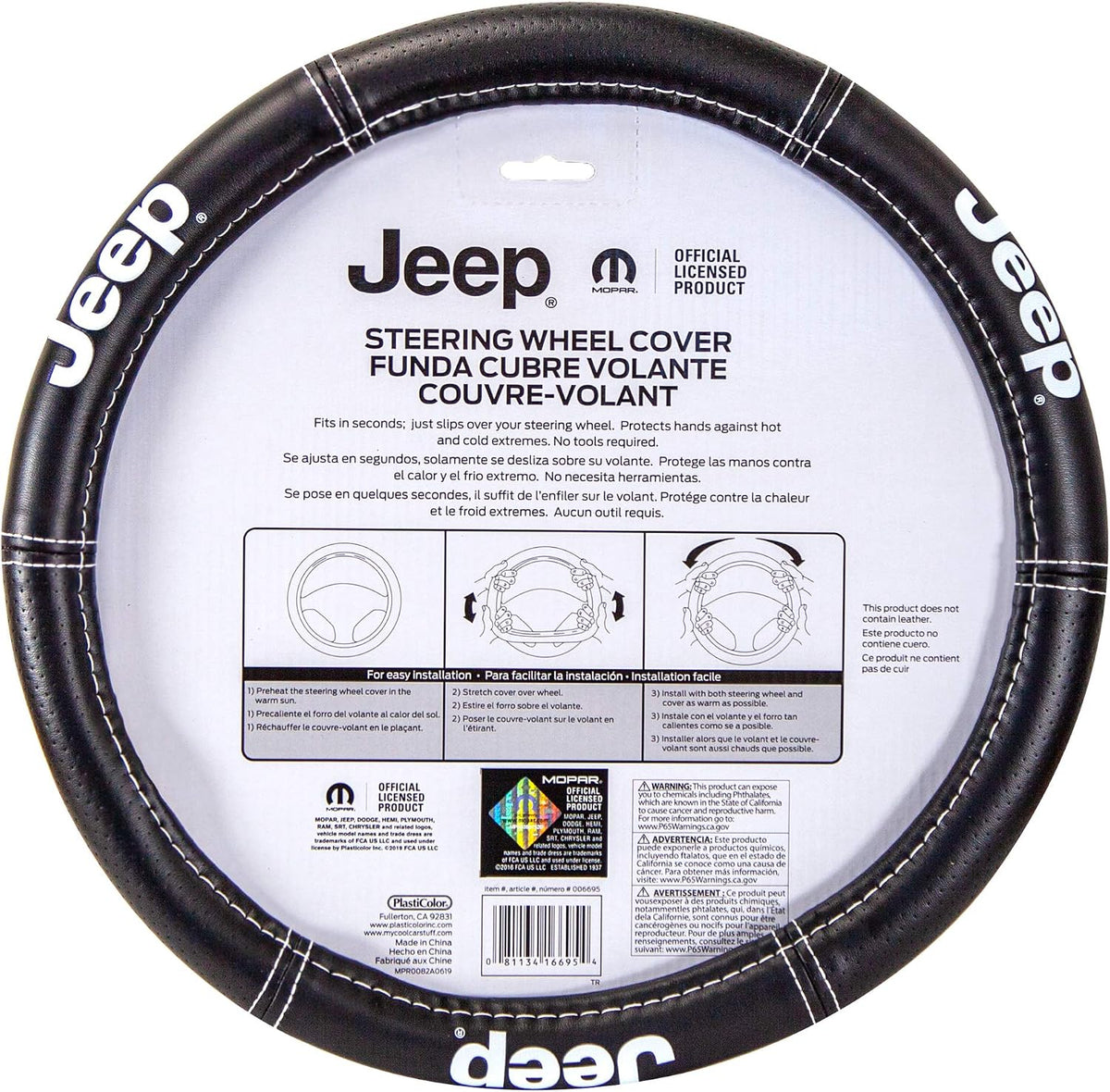 Plasticolor 006695R01 Jeep Deluxe High Contrast Stitching Premium Steering Wheel Cover for Cars, Trucks & SUV, Black