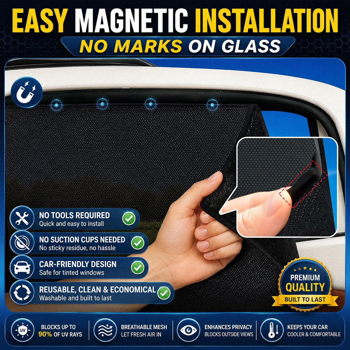 Magnetic Mesh Car Window Shades, UV Protection, 2 Pack