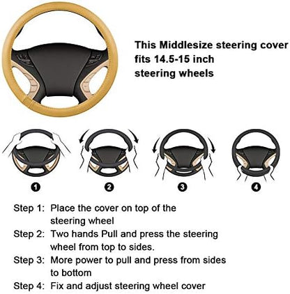 Haokay Heavy Duty Pure Cowhide Steering Wheel Cover, Black Genuine Leather Steering Wheel Cover Men Women Universal 14.5 to 15 Inch