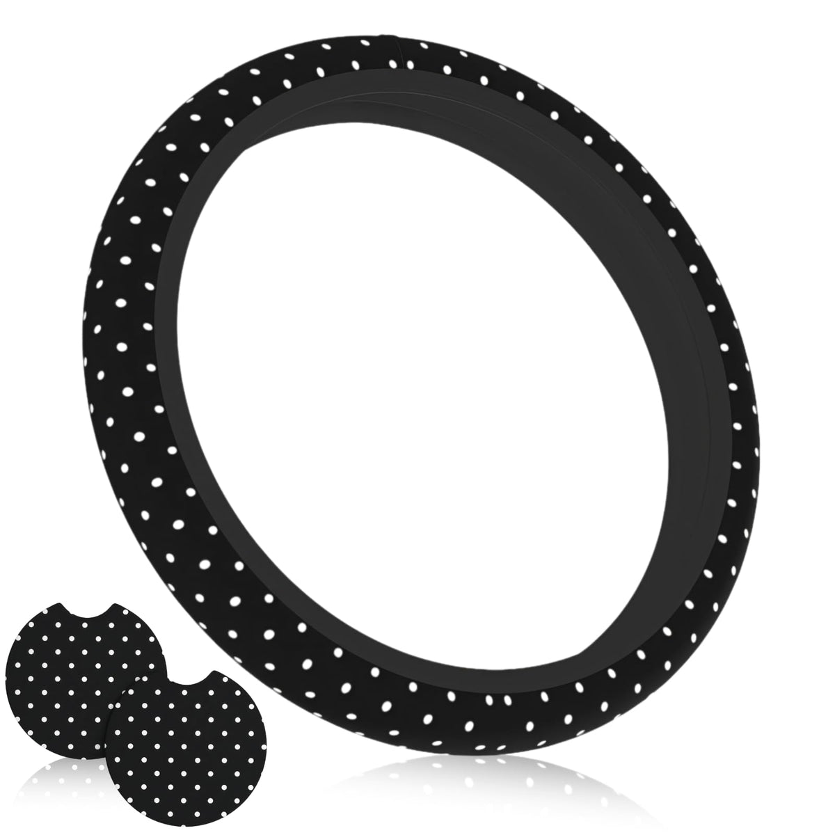 Checkered Black Brown Steering Wheel Cover 15 Inch Car + 2 pc Car Coasters