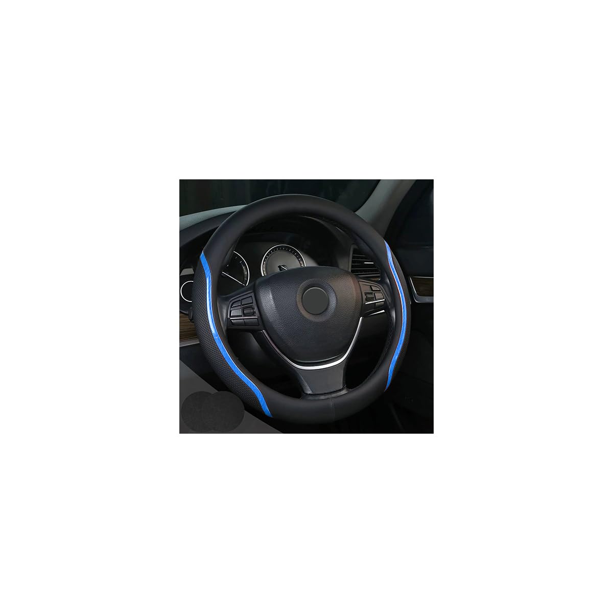 Steering Wheel Cover Blue and Black Leather Universal 14.5-15 inch