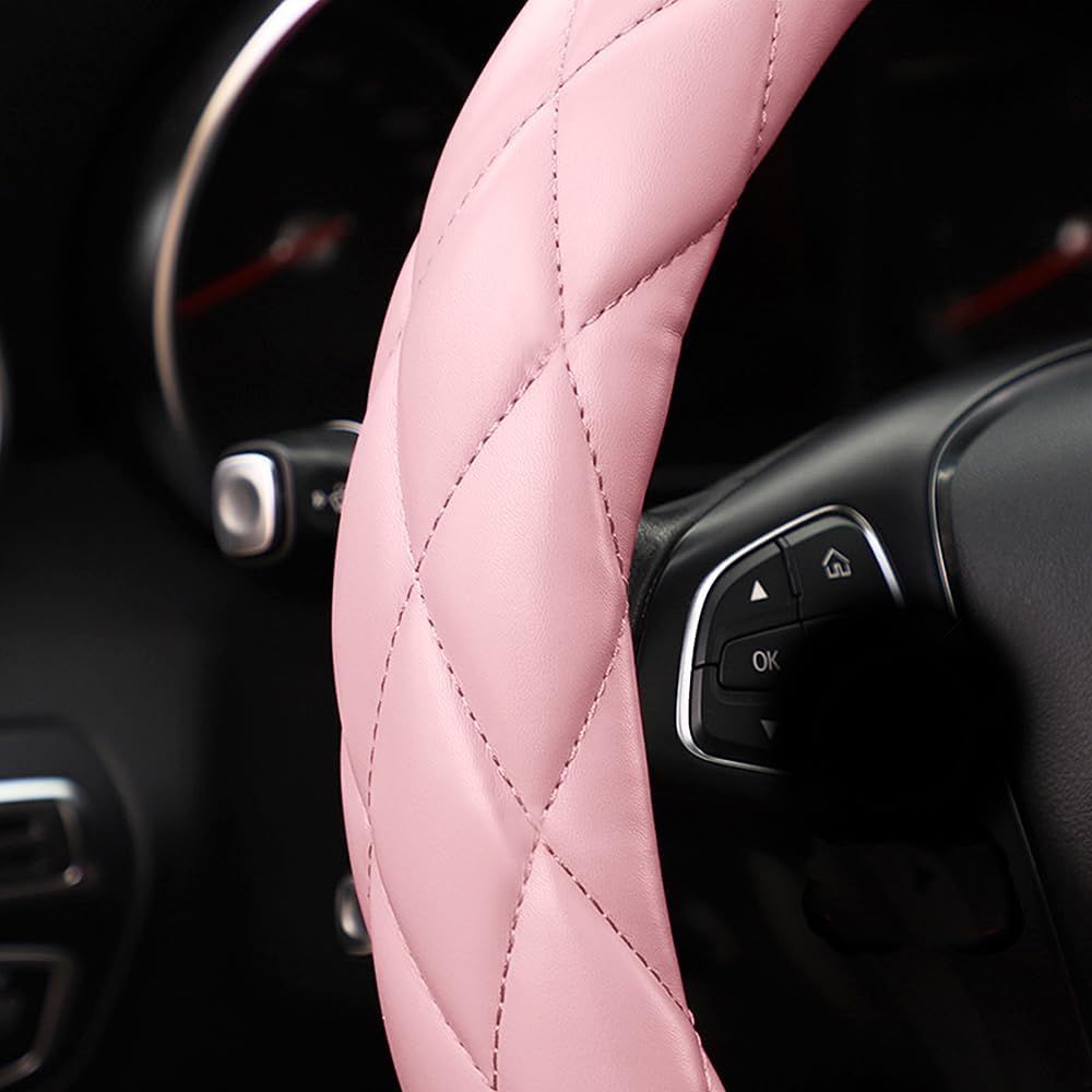 YHONGJT Soft Microfiber Leather Steering Wheel Cover, Universal 15 Inch for Women Girls, Fit Vehicles, Sedans, SUVs, Vans, Trucks - Light Pink