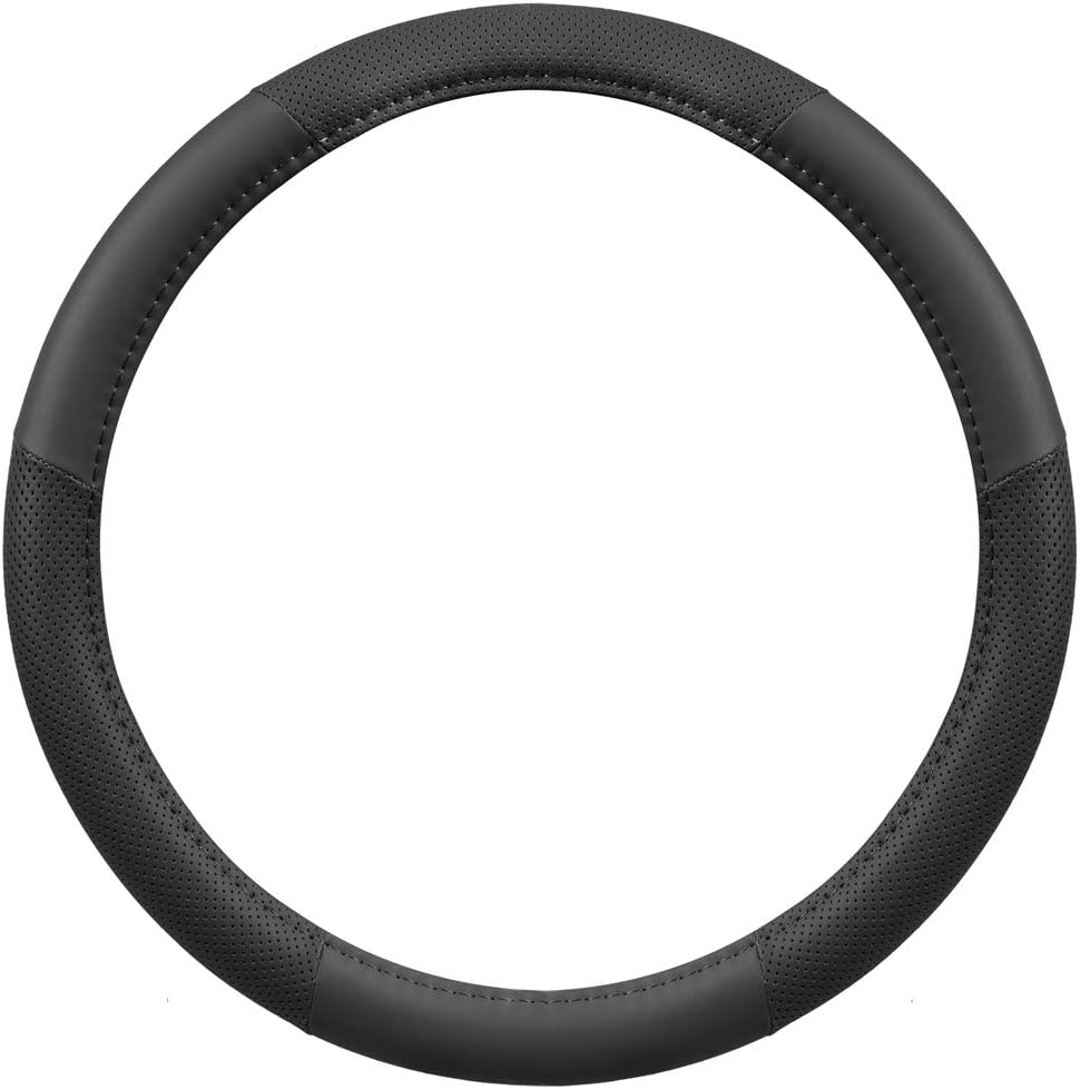 Motor Trend Perforated Microfiber Leather Steering Wheel Cover for Cars Trucks SUVs Vans, Sporty Racing Improved Grip Anti-Fatigue Ergonomic Design, Airbag Compatible - Fits Standard 15" Inch - Black