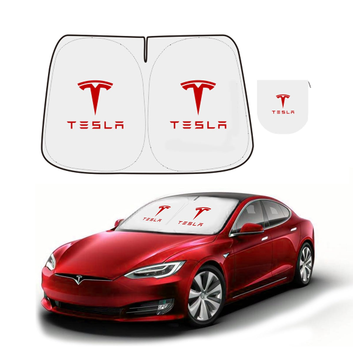 300T Sunshade for Tesla Model Y Model 3, Car Accessories 2026 for Tesla, Front Window Sunshade with Organizer Bag, Gifts for Tesla Owners