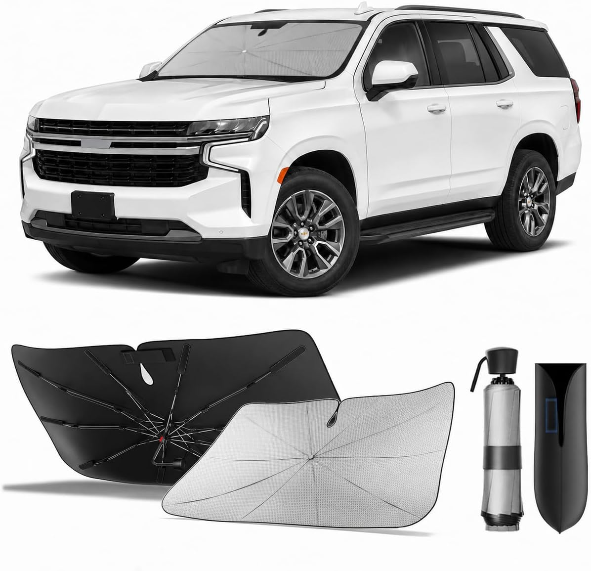 for Chevrolet Tahoe & Traverse 2010-2026 | Zanch Windshield Sun Shade Umbrella [99% UV Protection, Up to 75℉ Cooler] Snug Fit, Scratch-Free, Built to Last, Foldable Front Sunshade Umbrella