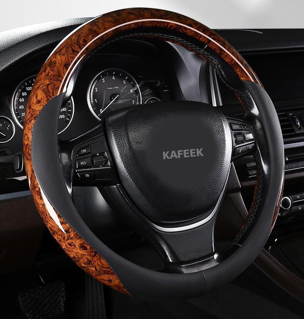 KAFEEK Wood Grain Steering Wheel Cover, 14 1/2-15 Inch, Brown