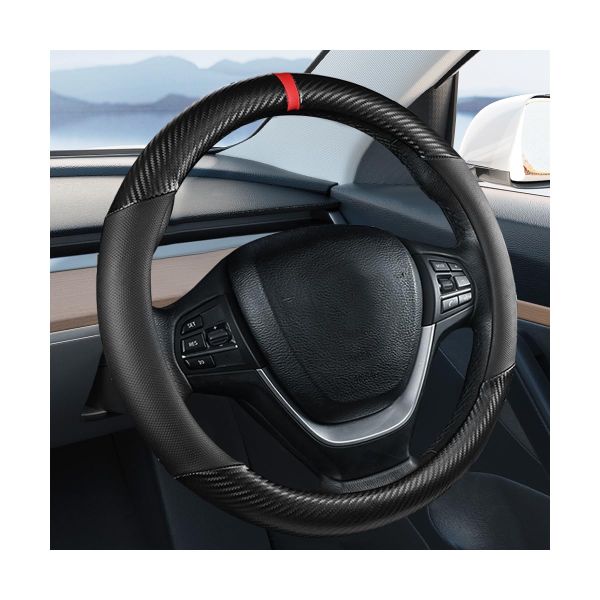 Carbon Fiber Car Steering Wheel Cover, Leather Breathable Automotive Wheel Protector, 15 Inch Anti-Slip Vehicle Interior Steering Accessories, Universal for SUV Truck Sedan (Black)